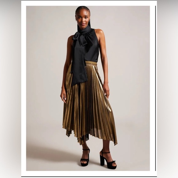 Ted Baker Nattiee Midi Skirt Metallic Pleated Asymmetric Hem Gold Size 10-12 - Picture 1 of 12